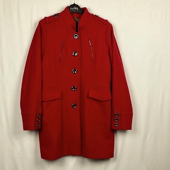 Jackets & Blazers - Shyla Womens Military Style Coat Red 10 Epaulets Mock T Button Front Pockets EUC